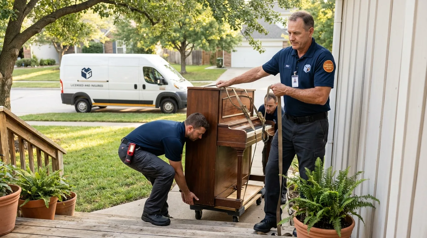 Licensed piano movers securing grand piano in Demarest, NJ