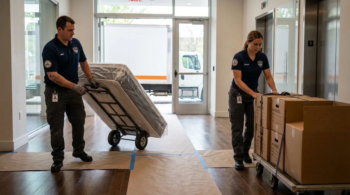 Professional apartment movers loading elevator in Demarest, NJ